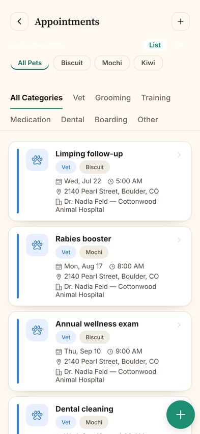 WaggyPet Appointments list with upcoming vet visits