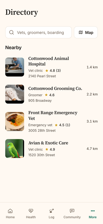 WaggyPet Directory showing nearby pet-care places
