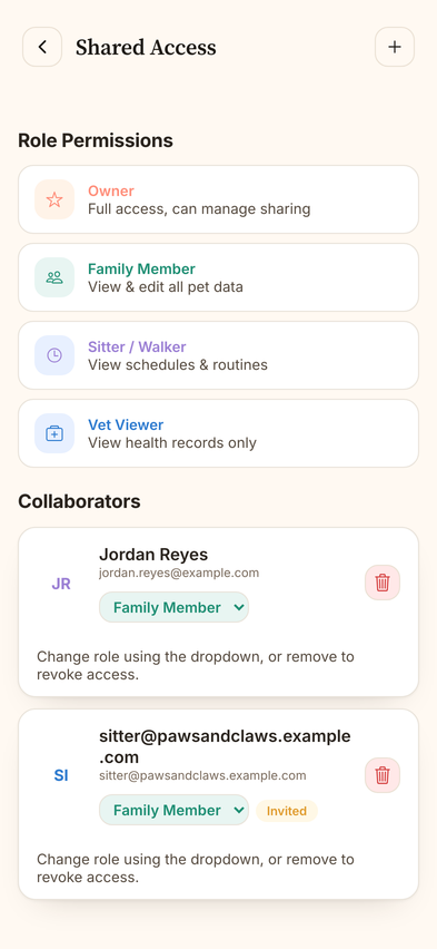 WaggyPet sharing screen for inviting family and sitters